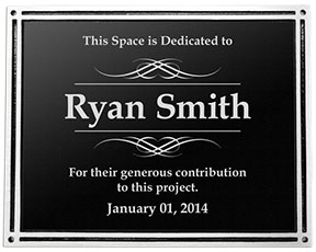Economy Aluminum Plaque, black with silver text, This space is dedicated to Ryan Smith. Bronze and Aluminum plaques